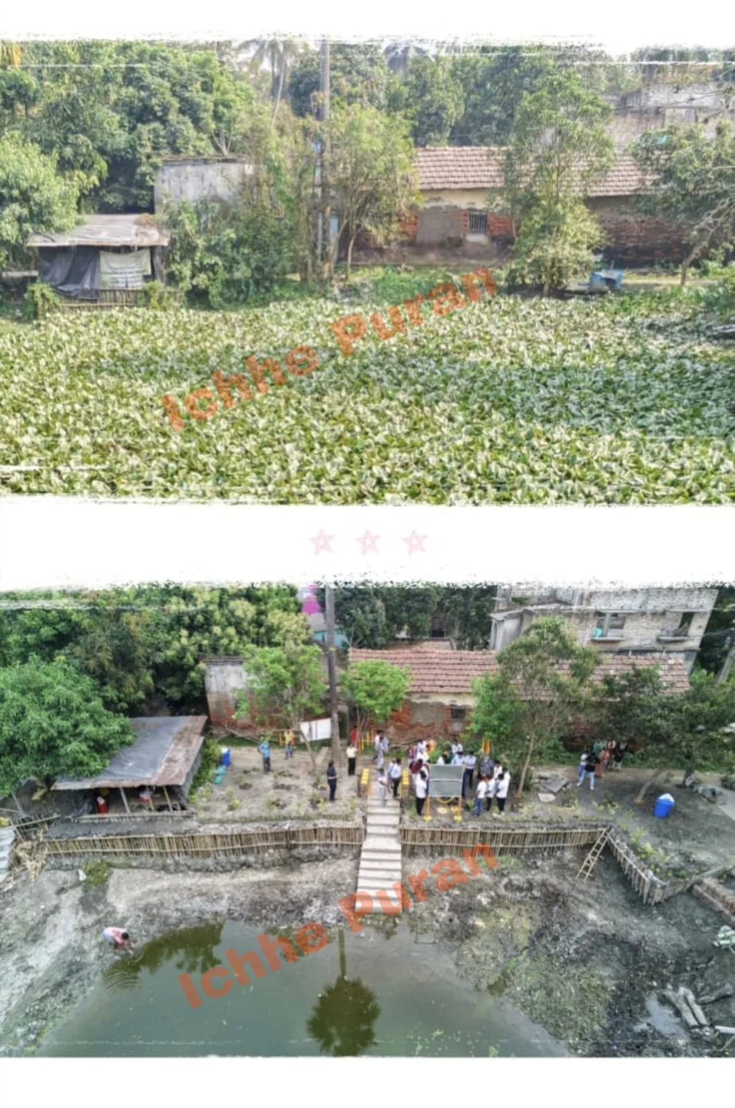 The Amrit Kund handover event — the hyacinth-covered pond cleared and reopened, with the community gathered for the inauguration.